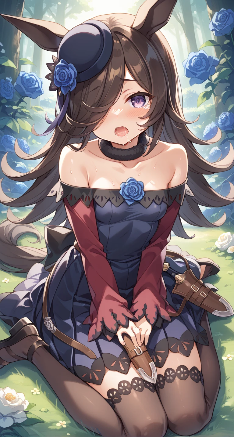 masterpiece, best quality, high resolution, ro1,room,, bare shoulders, garter, jewelry, ahoge, black gloves, black dress, black thighs, collarbone, belt, dagger, sitting, forest, smile, open mouth, blushing