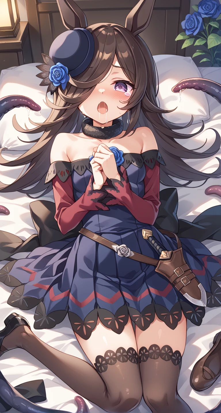 (best quality:1.3), (masterpiece, super fine illustration), high resolution, delicate facial features, detailed outfit, textured skin, anatomically correct, Depth of field, BREAK RO Archmage, layered coat, cape with ribbon, pendant collar, Jeweled hat, bust band, (panties), medium cleavage, (torn clothes:1.2), BREAK NSFW, 1girl, lying, on back, (tentacles, restrained, breasts apart, tentacles around nipples:1.2), tentacle pit, (crying, tears), cloth pieces, sigh, blush, outdoors, dungeon, cinematic lighting, diffraction spikes, (looking to the side),　