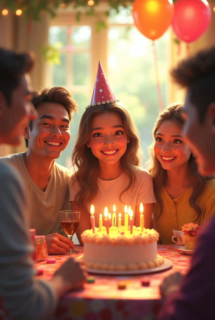 Several young people celebrating birthday birthday cake