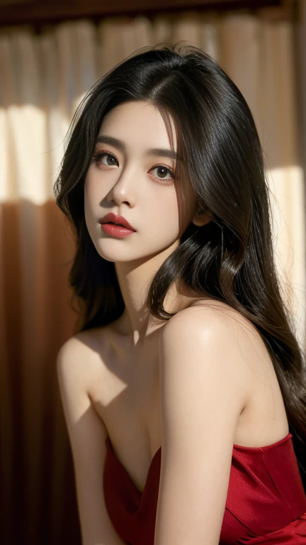 Best quality， masterpiece， Ultra-high resolution， （realistically：1.5）， RAW photos， Lovely， in the dark night， depth shadow， Low Tone， Cold Light， Sexy look,Shoulder length straight bob hair,Slim，Cleavage，Looming nipples