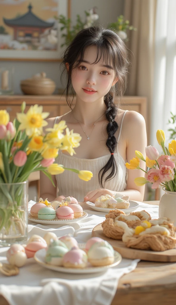 A young Japanese girl, approximately 18 years old, with dark brown eyes and shoulder-length black hair styled in loose braids, sits at a meticulously set Easter table wearing only an apron. Her posture is relaxed yet attentive, her hands gently resting on the edge of the table, exhibiting a subtle curiosity.  Her expression is one of quiet joy and anticipation, a slight smile playing on her lips. The table is laden with a vibrant array of Easter treats: delicate pastel-colored macarons, fluffy meringue nests filled with chocolate eggs, intricately decorated sugar cookies shaped like bunnies and chicks, and a centerpiece of freshly cut daffodils and tulips. The tablecloth is a crisp white linen, contrasting with the rich, warm tones of the wooden table. The scene is bathed in soft, natural light streaming from a nearby window, casting gentle shadows that enhance the textures of the food and the apron. The background features a softly blurred image of a traditional Japanese home, suggesting a harmonious blend of cultures. The overall style is reminiscent of a charming, whimsical illustration, employing a soft, painterly approach with a focus on light and delicate details. The composition is a medium shot, emphasizing the girl and the Easter feast, with a shallow depth of field to draw attention to the table's contents. The color palette is dominated by pastels, punctuated by the bright yellows and oranges of the flowers and the rich browns of the wooden table, creating a cheerful and inviting atmosphere. Keywords: Easter, Japanese girl, pastel colors, soft light, whimsical, illustration, traditional, detailed textures, shallow depth of field, medium shot, apron.