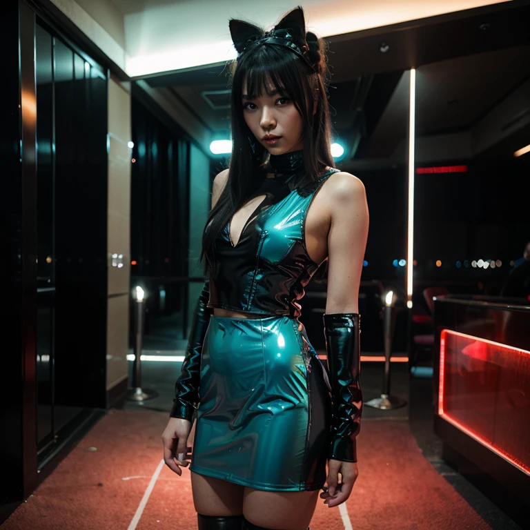 ((8k, RAW photos, best image quality, masterpiece,:1.2)), (realistic, photorealistic: 1.3),(depth of field: 1.2),18 years old beautiful Japan girl, dynamic angle,(1 person:1.3),1 girl,solo,sci-fi,futuristic idol, colorful and high-tech idol dress, glowing neon light idol dress, holographic clothing, reflective dress, Techwear, volumetric lighting, glowing eyes, multicolored hair, flowing hair, (gradient neon color: 1.5), flash, real skin, HDR, fisheye, all-out smile, headset microphone, cat ear gaming headphones, neon lights, neon rim lights, glowing neon on stage, laser beam on stage, psyllium, spotlights, cowboy shots, moody lighting, concert venue, (packed arena seat background: 1.5), (smiling and singing with microphone on stage: 1.5),intricate details,cyberpunk,(exploding pixel particles:1.2),cinematic lighting,dynamic lighting