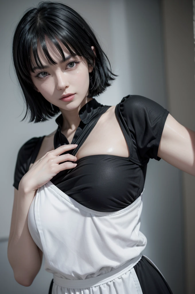neat girl is beautiful japanese female and beautiful russian female mixed race only in the face age is 17 features of the whole body black hair medium straight bob cut hair style beautiful small face with short eyelashes boyish eyes only high nose dark blue pupils very thin upper lip milky white skin accurate attractive body shape beautiful bust waist hip s thighs knees legs choker and tie on neck shirt with collar full body lie down on bed