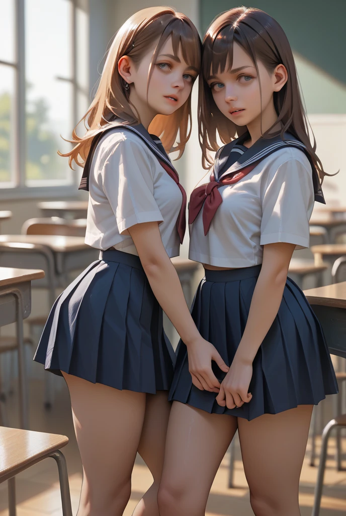 ((highest quality、High resolution))、(((2girls))), Portrait、A beautiful woman、Perfect body、beautiful ample breasts、classroom、high school girl、Sailor suit、No panties、Embarrassed、((Lift up your skirt and show your pussy))、Love juice、I'm tempting you