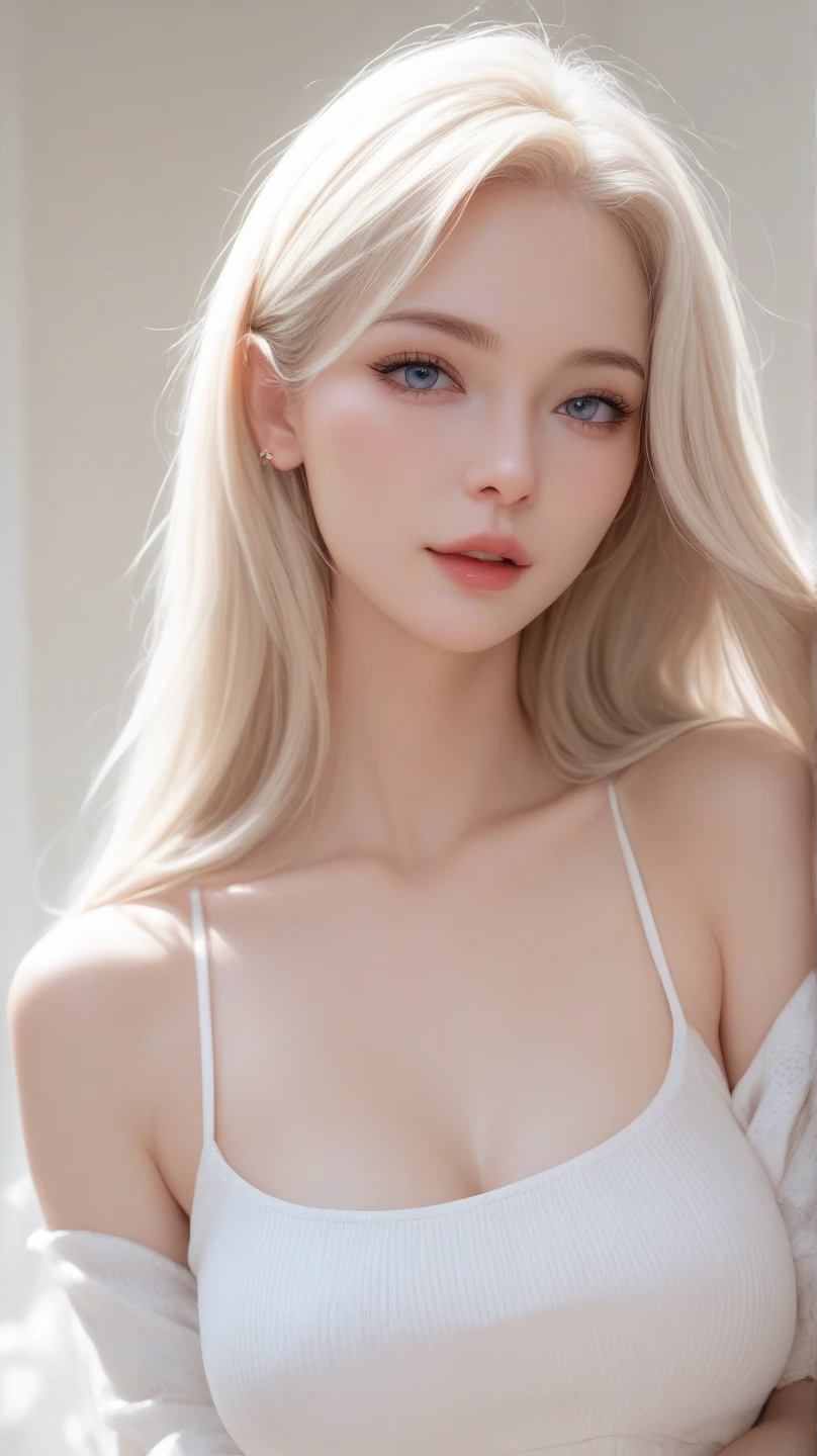 (realistic、masterpiece、Best Quality、8K、highres、white background, high resolution:1.3)、1 chubby girl:1.3)、smile, ((very very gigantic sagging breasts:1.3))、looking at viewers, black lace bikini、pale white skin、very blond hair ,very pale skin, extremely pale blonde hair, ivory pale skin, very white skin, pale skin, very pale white skin, very pale white skin,white skin and pale porcelain, white and pale skin, fair and pale skin!!, long blonde hair, looking at viewers、super fine face and eyes、long blonde hair、 ((full breasts:1.3)), indoor、 upper body、
