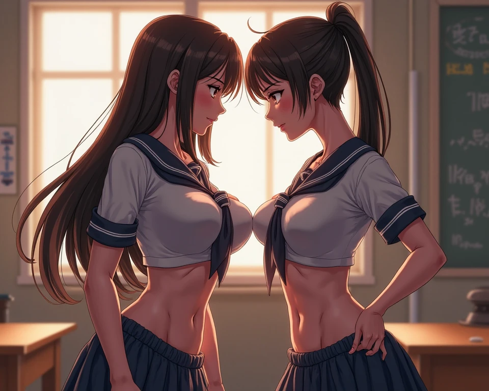 Two teenage girls,angry look,equivalent height,In the classroom,black and blonde hair,Facing each other and staring、Touching the、touch each other's crotches、touch each other's genitals with your hands,The two bodies are close to each other,glare at each other、Picture of two people、Photograph of two people facing each other、Push each other、Stick your boobs and boobs together、Completely naked、full nude、big breasts、Pretty big、