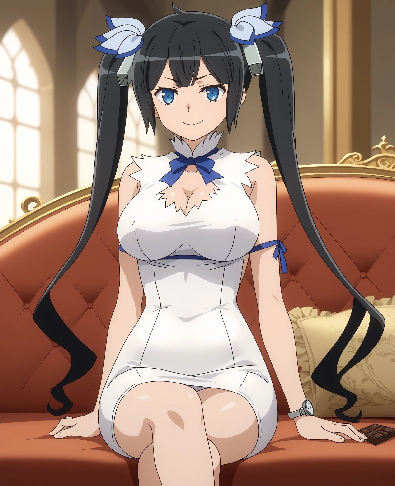 gorgeous lips, cinematic, (masterpiece), (best quality), (ultra-detailed), very aesthetic, perfect composition, intricate details, absurdres, detailed face, (anime, masterpiece, intricate:1.3), (best quality, hires textures, high detail:1.2), (1girl, hestia (danmachi), hestia \(danmachi\),long hair, blue ribbon, twintails, big breasts), (thigh, shiny skin, expressionless), (anime style:1.7), (realistic face:0.6), (highres:2), expressive eyes, perfect face, 4k, extremely detailed anime illustration, extremely detailed eyes, perfect anatomy, light rays, extremely delicate body, smooth skin, (room background:1.5), clear eyes, beautiful face, looking at viewer,
