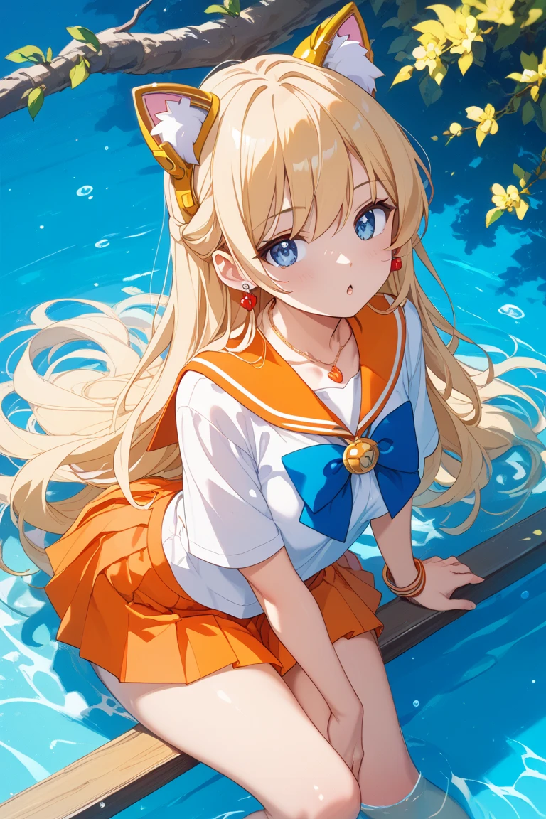 masterpiece, Highest quality, High resolution, Venus 1,(((Wet))) 1 Girl, alone, Sailor Warrior Uniforms, Sailor Venus, Minako Aino, Blonde, Magical girl, blue eyes, Orange Skirt, Elbow Bag, tiara, Pleated skirt, Hair Ribbon, Orange Sailor Collar, mini skirt, choker, Red Bow, オレンジchoker, White gloves, Very long hair, jewelry, Earrings, Please sit down