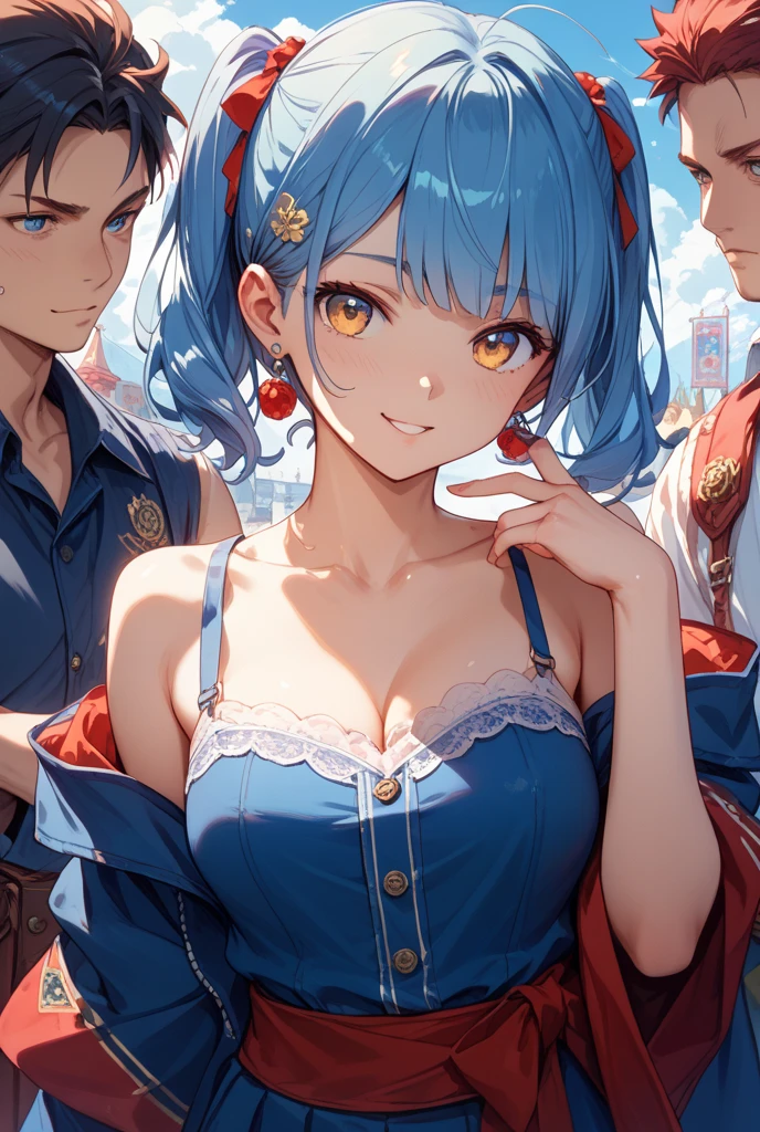 (highest quality)), ((masterpiece)), (family friendly), Perfect Face,Shiny skin,Beautiful breasts,Shiny skin、Kyoto Animation style painting、(((Short Bob)))、Cat ear、(((Double teeth)))、(((Sky blue hair color)))、(((White tips of hair)))、(((Red hairpin))) 、(((Golden Eyes)))、Sunburned skin、night、
、Light blue hoodie