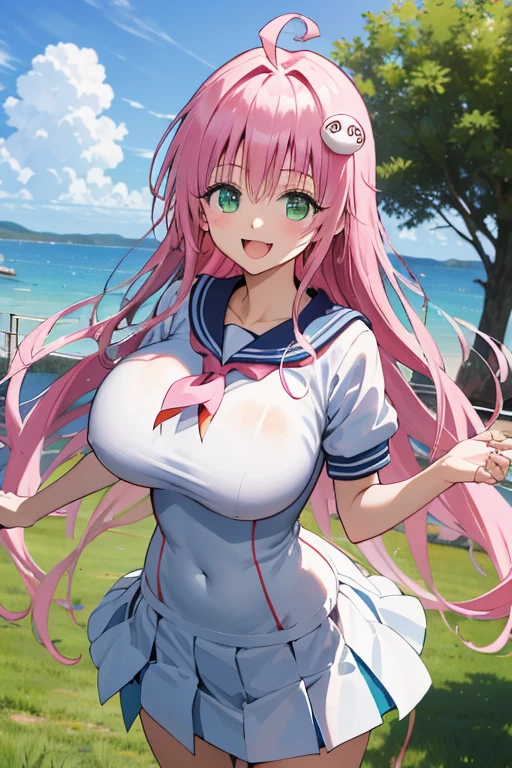(masterpiece, best quality:1.2),illustration,high quality, ultra-detailed, ray tracing,perfect lighting, , 1girl, beautiful skin, beautiful girl,good hands,sharp focus,,,dynamic angle,[:(detailed face:1.2):0.2], (junk_handed over, blue eyes, pink hair, long hair, hair bow, kiyosumi , serafuku, blue skirt, white thighhighs,, Erect nipples, huge breasts, , , Sad expression, tears), beach, sunset, running, bouncing breasts, bouncing stomach, shake hands from behind