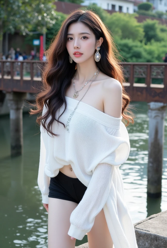 A sweet girl by the yatch luxury at the sea，voluminous hair，Delicate face，Photorealsitic，of a real，largeaperture，wears a black dress luxury，A cropped dress，Off-the-shoulder，A dress around the neck，Slim，smiles，Ultra-high resolution, Blurred background