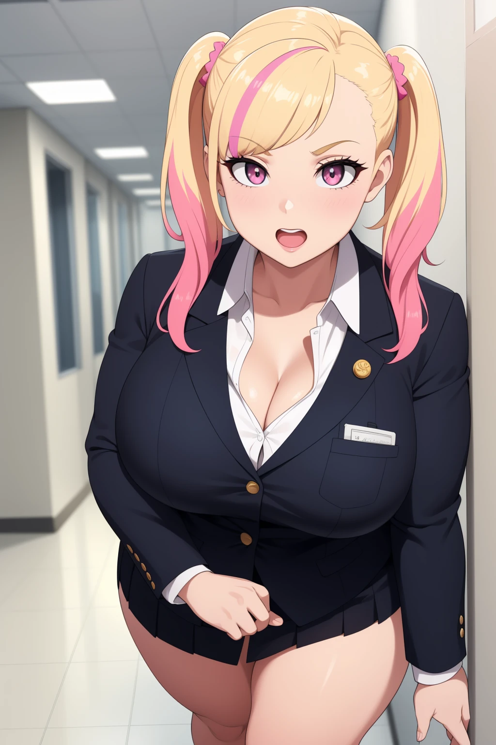 A sexy sensual woman beautiful beautiful attraction big breast long blonde yellow hair her gray eye wears a white button-down office shirt and a short purple skirt