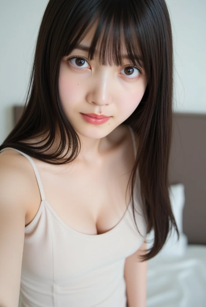 masterpiece、highest quality、16K、ultra high resolution、UHD，Depth of the bounds written、very detailed、soft light、professional lighting、Pale shading、Weak contrast、Japanese、beautiful girl、slender woman、Smooth, silky skin、clear white skin、daytime office、Window seat、sitting in front of the computer、A tight, vibrant lavender knit dress that hugs her breasts、(smooth and beautiful thighs:1.6）、(small breast:1.0)、flat chest、Childlike breasts、small areola、small nipples、beautiful nipples、Cherry-colored nipples、white breast、fine and beautiful eyes、（hanging eyes）、（thin eyebrows:1.8）、（thin lips:1.8）、natural makeup、natural color lip、gentle smile、(floating hair、long wavy hair、high ponytail),(The bangs are see-through bangs)、