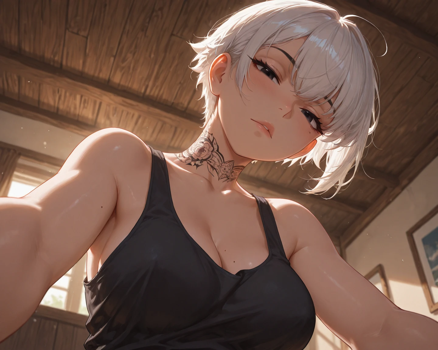 1girl, solo,short_hair,dark_skinned_female,very dark skin,crop_top,lipstick,muscular_body,abs,navel,grey_hair,sleeveless_shirt,buttoned_shirt,knotted_shirt,collarbone,smile,sweat,arms above head,armpit_crease,viewed_from_below
,best quality,masterpiece,amazing quality,very aesthetic,high resolution,ultra-detailed,,depth of field,volumetric lighting ,highly detailed,best quality,8k,best quality, very aesthetic, ultra-detailed, newest,BREAK, depth of field, masterpiece, amazing quality, high resolution, absurdres, newest,manhwa