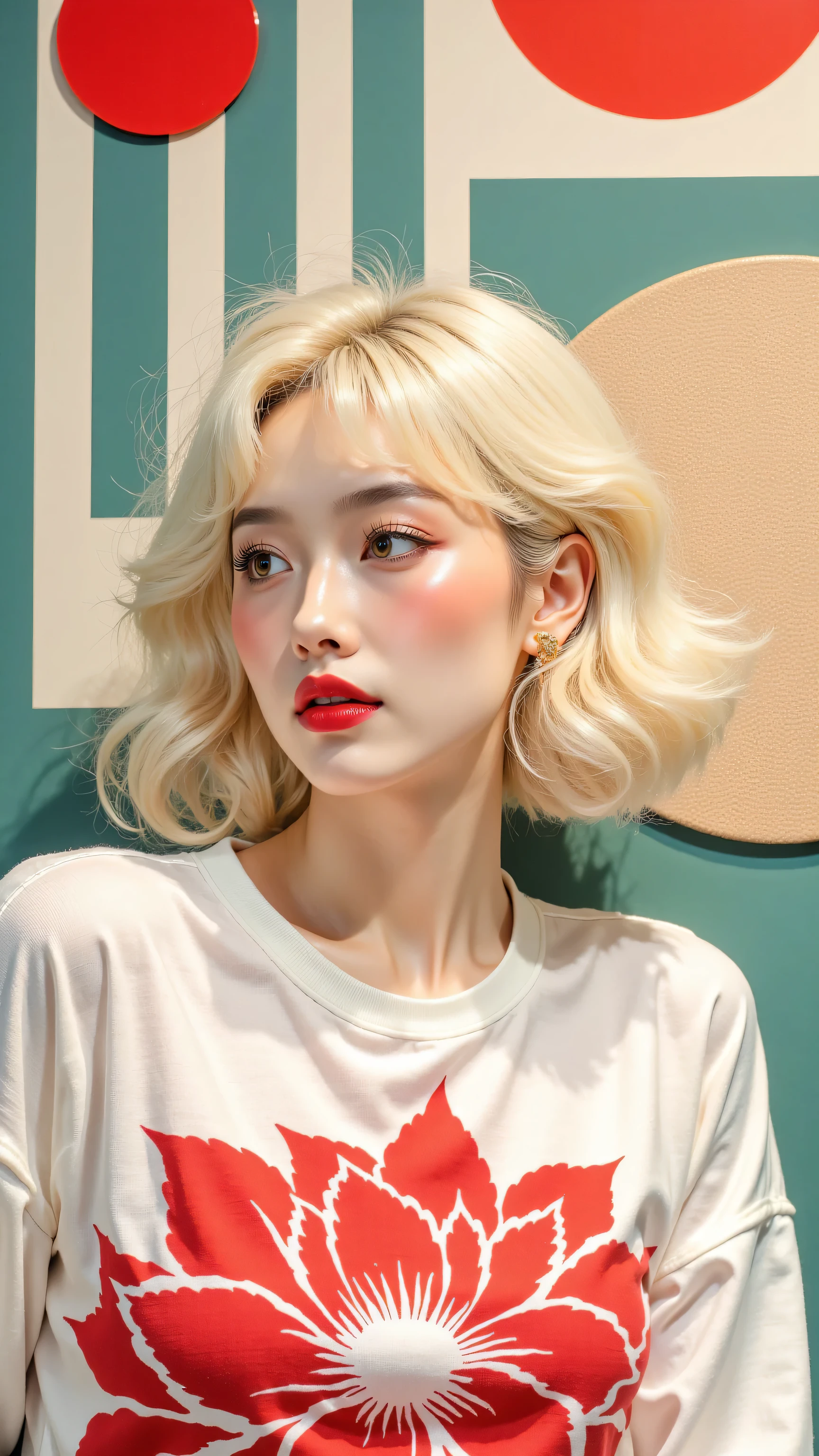 8k, masterpiece, highest quality, Korea's Beautiful Women, Close-up, slightly low angle viewpoint, woman, voluminous platinum blonde retro hairstyle, bold red lips, wearing a white long-sleeved top with a large red floral print, looking slightly to the side, stylized geometric background with red circles, teal vertical stripes, and textured beige and white circular elements, studio lighting.