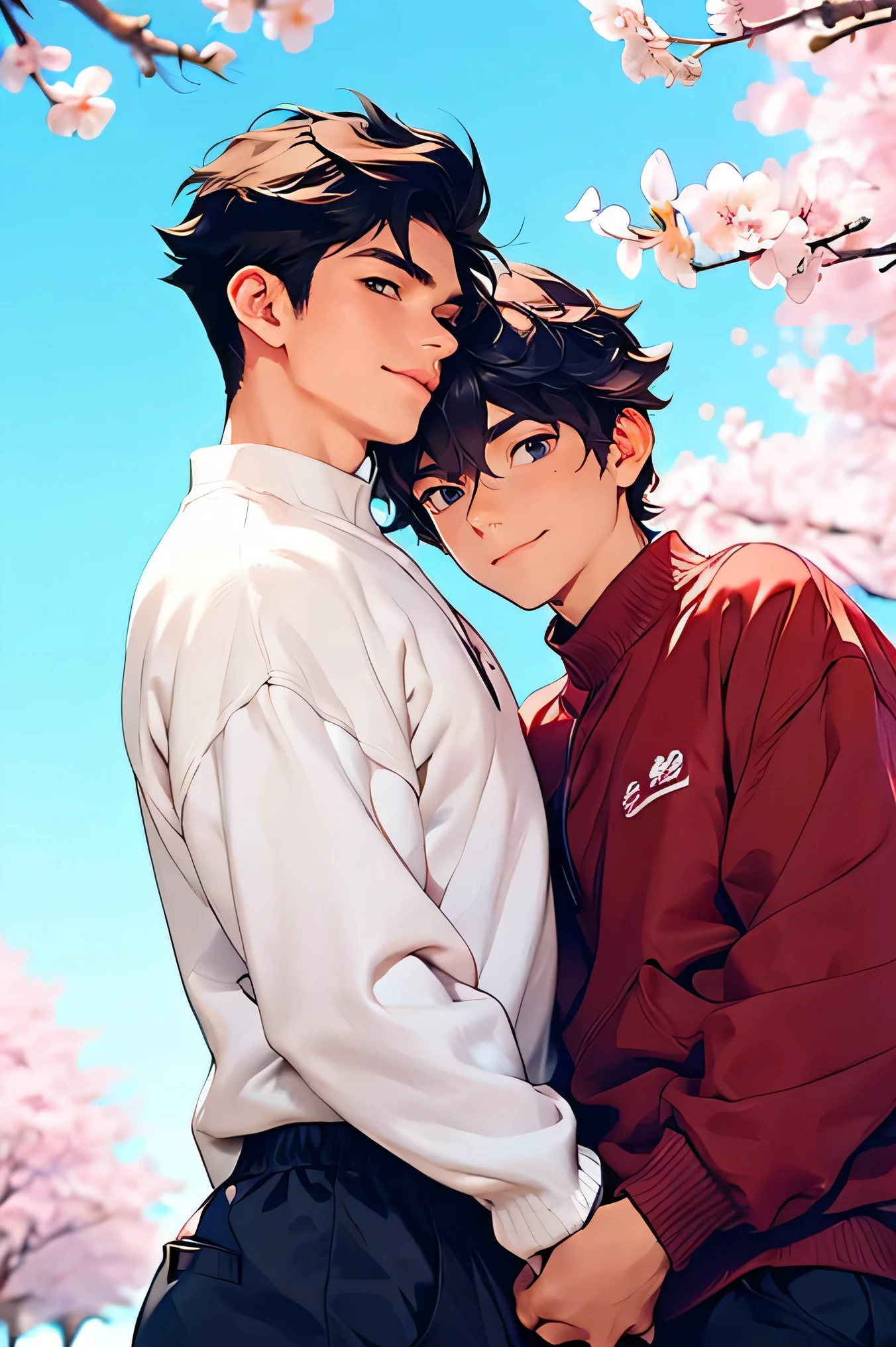 二人の日本人 male　Two handsome guys　very short black hair　 male　 Adults　all beautiful guys　　　　tight long pants　Mega Bulge　Long Sleeve 　　　blue sky　　Cherry blossom trees in the background　cherry blossoms in full bloom　　Touch　　hey look at Mokkori　　　　two men touch each other　　People are watching it's no good　　opening　　lies down　smile　　Strength training