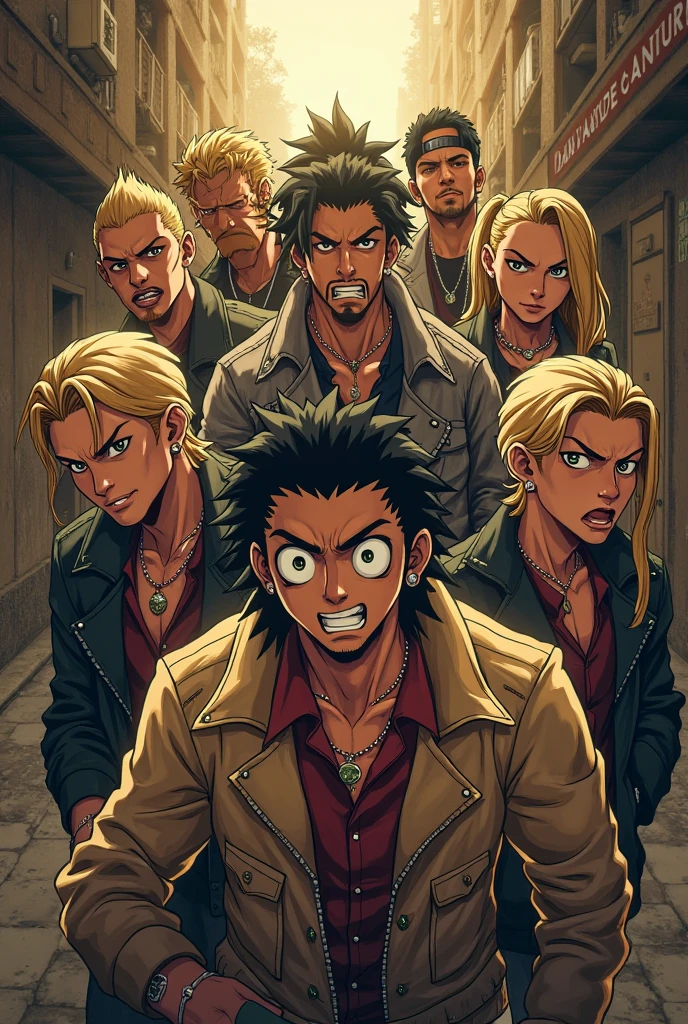 (2boys), (black man, black hair, african-american, beard, capoeira, glowing brown eyes,wind powers), (white man (white hair, brawler, gray eyes,Irish, earth powers), young men, college students, gang leaders, impact frame, motion details, clashing, fighting each other, face to face, 1-on-1, power surging, splash-art graffiti art, falcoon, sam yang, Murata_yuusuke, (air gear style art action scene, Score_8_up, accurate character art, full rendered, ink medium, ultra-detailed manga, semirealism), (best quality, Hdr,uhd, ultra absurdres, very aesthetic, sharp gradients, deep highlights, deep exposure, ultra-detail college classroom background, detailed smooth textures, perfect hands, perfect character, perfect eyes, perfect anatomy, perfect physiques, amazing skin, beautiful detailed eyes, beautifully intricate face details, detailed character features, dynamic perspective, dynamic lighting, dynamic shading, atmospheric shadowing, mystical atmosphere,
