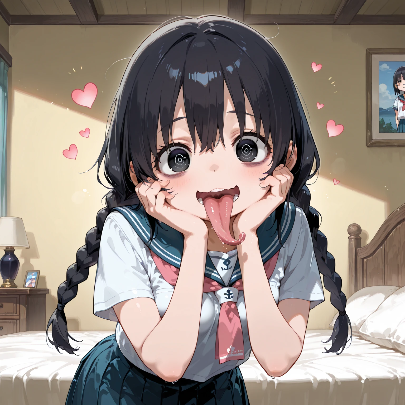 master piece, top quality, score_9_ up , score_8_ up , score_7_ up , super fine illustration, anime coloring,
Private room, beside bed,
upper body, cowboy shot, front view,
(toddler body:0.9), small breasts,
black hair, twin braids, black glass, bags under eyes, turime, black eyes, ringed eyes,
school sailor, school uniform girl, short sleeve, pleats skirt,
open eyes, wide eyes, looking viewer, open mouth, grin, wavy mouth, long tongue,
hands on own cheeks, leaning forward, heart,