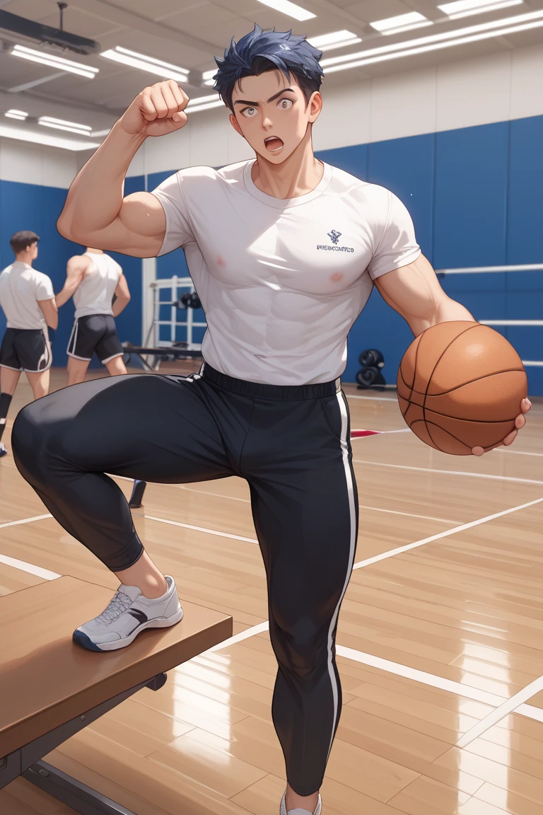 male people, Hirsutistic, Asians, curving, paleskin, sweat leggs,Basketball sports student,standing on your feet,realisticlying,A high resolution,中景 the scene is,musculous,Handsome,of a shirtless,bold and unconstrained,Chinese handsome,wide angles,photorealestic,cinematic ligh,poster for,photore,(detail in face),mature,Handsome