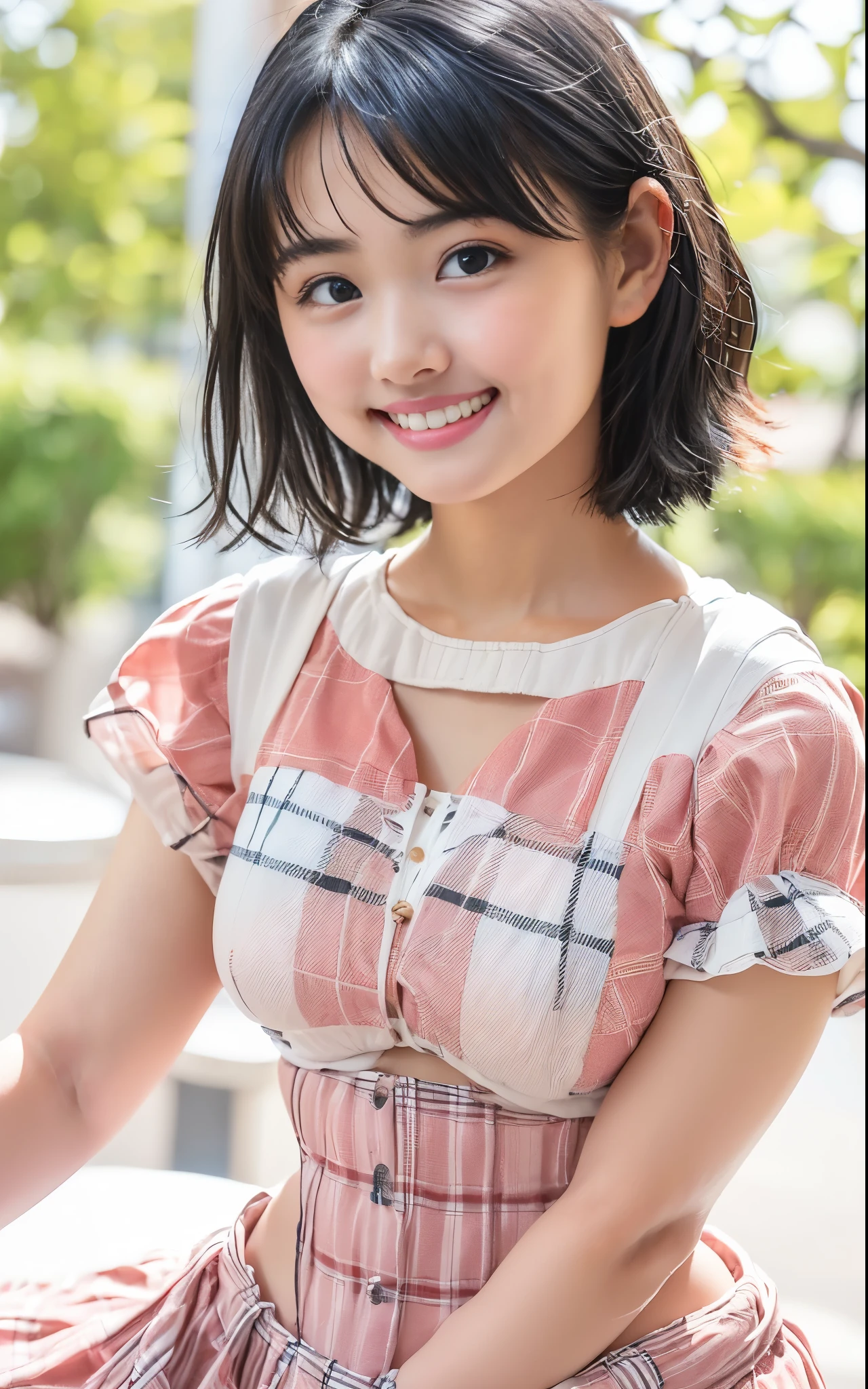 (8k、RAW photo 、最High Quality:1.2),( black hair、Dark Eyes:1.8),( Good Looking Heroine Outfit:1.4), front view,(cute plaid outfits:1.6)、( thin waist:1.6)、(Outfits that accentuate the shape of :1.7)、( :1.5) 、( big breasts:1.5)、 Slender Body 、 Ultra-accurate, beautiful face,(1 person:1.9) ,(Exposing Skin:1.6)、( Baby-faced and cute : 1.5)、( cute smile: 1.6)、(round face: 1.7), ( no background、One person only :1.8),(twin tails:1.5)、 High Quality