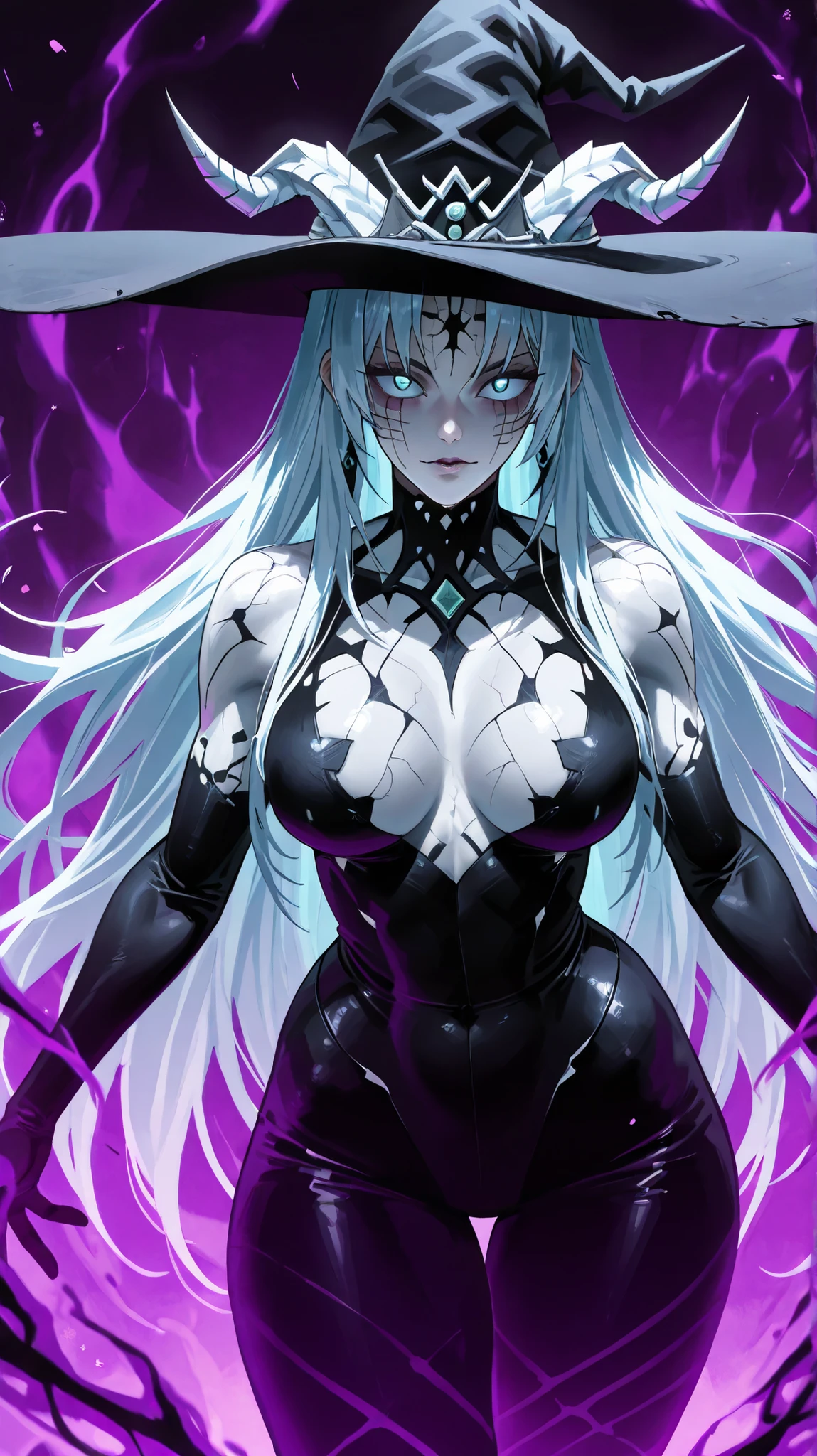 . The character in the image has a striking and dark visual, typical of a powerful being in dark fantasy animes or manga. Here is a detailed description: Overall appearance : Cabelo: Longo, hat (almost white), falling to the right side of the character. Olhos: Very large and shiny, with light blue or ice-blue pupils, , which transmits a supernatural or demonic aura. Pele: extremely pale, almost white, giving a strong contrast with the black details of the face and background. Expression: Neutra, scene with a fixed and penetrating gaze that reinforces the intensity of the image. Special Features: facial marks: There are black marks that resemble cracks or veins around the eyes, extending to the forehead and cheeks. Chifres/Black Branches: Black structures similar to branches or horns Do they sprout from the forehead and they project backwards and sideways. These elements appear organic, but may also have a mystical or demonic meaning. dark aura: The entire image has a dark tone with highlighted lines that suggest movement or release of power. This reinforces the idea that the character is at a crucial moment or activating some power. This character is probably a villain or a very powerful entity within her universe, with aesthetics that resemble demonic or supernatural creatures from animes like Demon Slayer, Jujutsu Kaisen or similar.