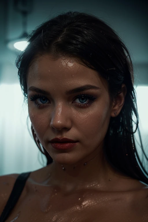 (((ultra realistic))) Photo, masterpiece, top quality, (pale skin), (Ultra detailed face and eyes:1.3), 1 girl, Adult, in a T-shirt, (Eye makeup, mascara) , ((large detailed lips)), ((Dark wavy hair)), ((Chyolka)) , (Natural breasts), Slim waist. ((Posing)), photoshoot, studio (soft lighting), (The play of light and shadows), depth of field, bokeh, (special attention to skin detail: 1.2), Detailed leather texture, skin pores. (Warm atmosphere of the frame. Color range - black, purple, Pink, blue tones), UDR, ((Film grain)), ((rays)), ((Glare)), ((Photo to the waist, close to the camera)) , ultra detialed,