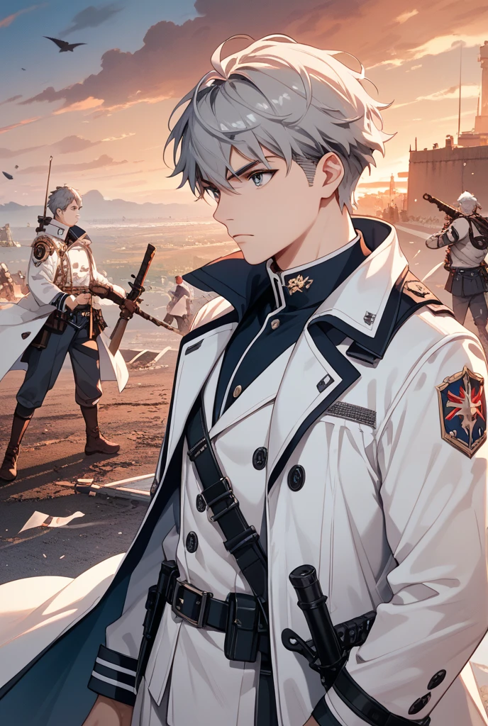Young male teenager, blue eyes, Short white hair, uniform, School, Goa, battle, arms, Bloody, Staring boredly