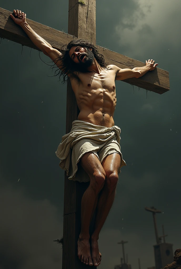 A vivid and detailed depiction of Jesus Christ nailed to the cross, wearing a crown of thorns. The scene should capture the somber and solemn atmosphere, with Jesus' head slightly bowed, blood from the crown of thorns trickling down his forehead. The cross is weathered, made of rough wood, and set against a darkened sky with clouds gathering. There should be a sense of deep sorrow and sacrifice in the expression of Jesus, with his arms stretched out and nailed to the cross. The background should include subtle elements, like a faint outline of distant hills or the silhouette of onlookers in the shadows.