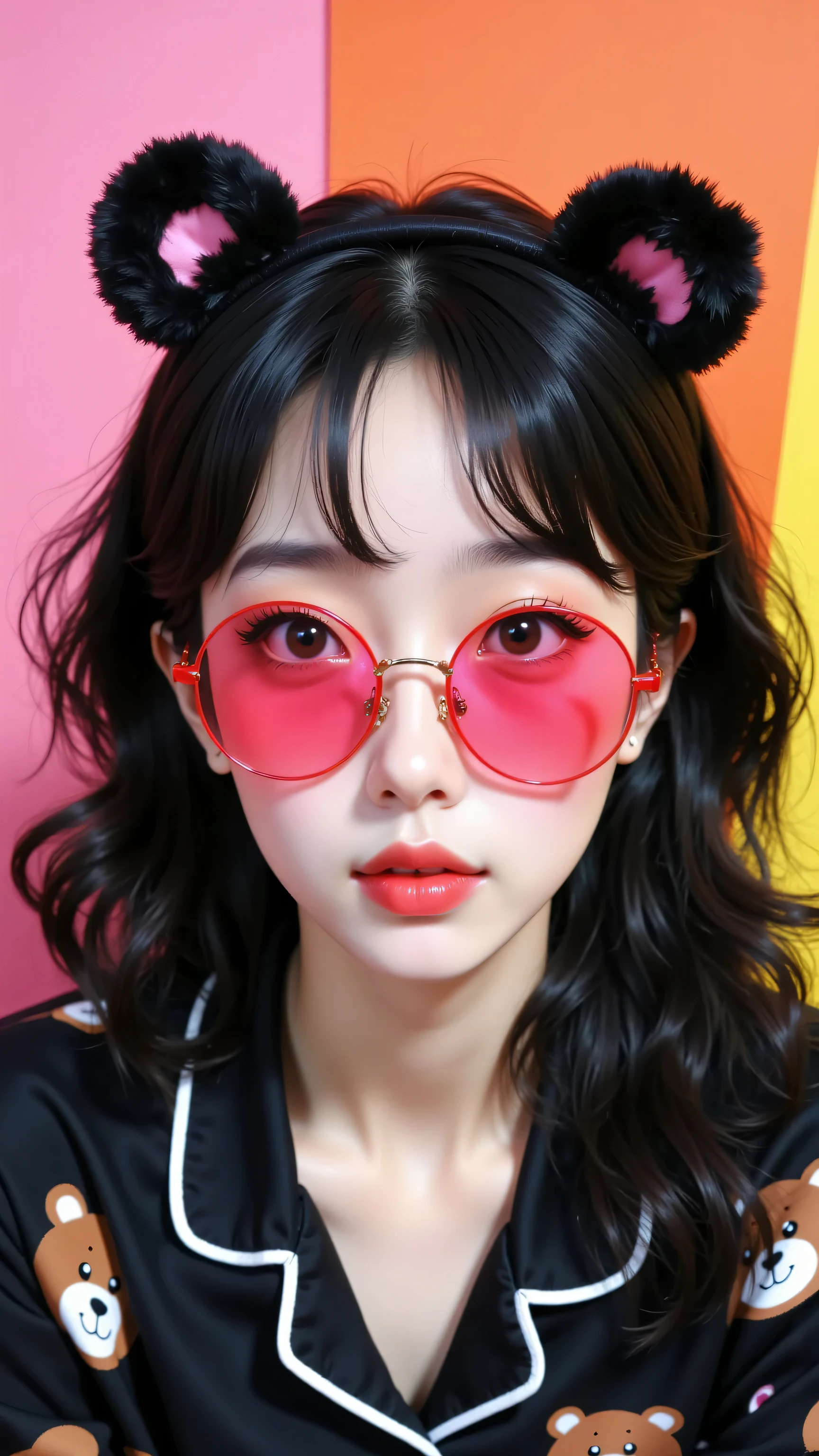 8k, masterpiece, highest quality, Korea's Beautiful Women, Close-up, eye-level viewpoint, long wavy black hair with bangs, black bear ear headband with pink inner ears, fair skin with rosy cheeks, red-framed sunglasses with pink lenses, red lipstick, wearing a black pajama top with white piping and teddy bear face patterns,  soft, colorful gradient background in pink, orange, and yellow.
