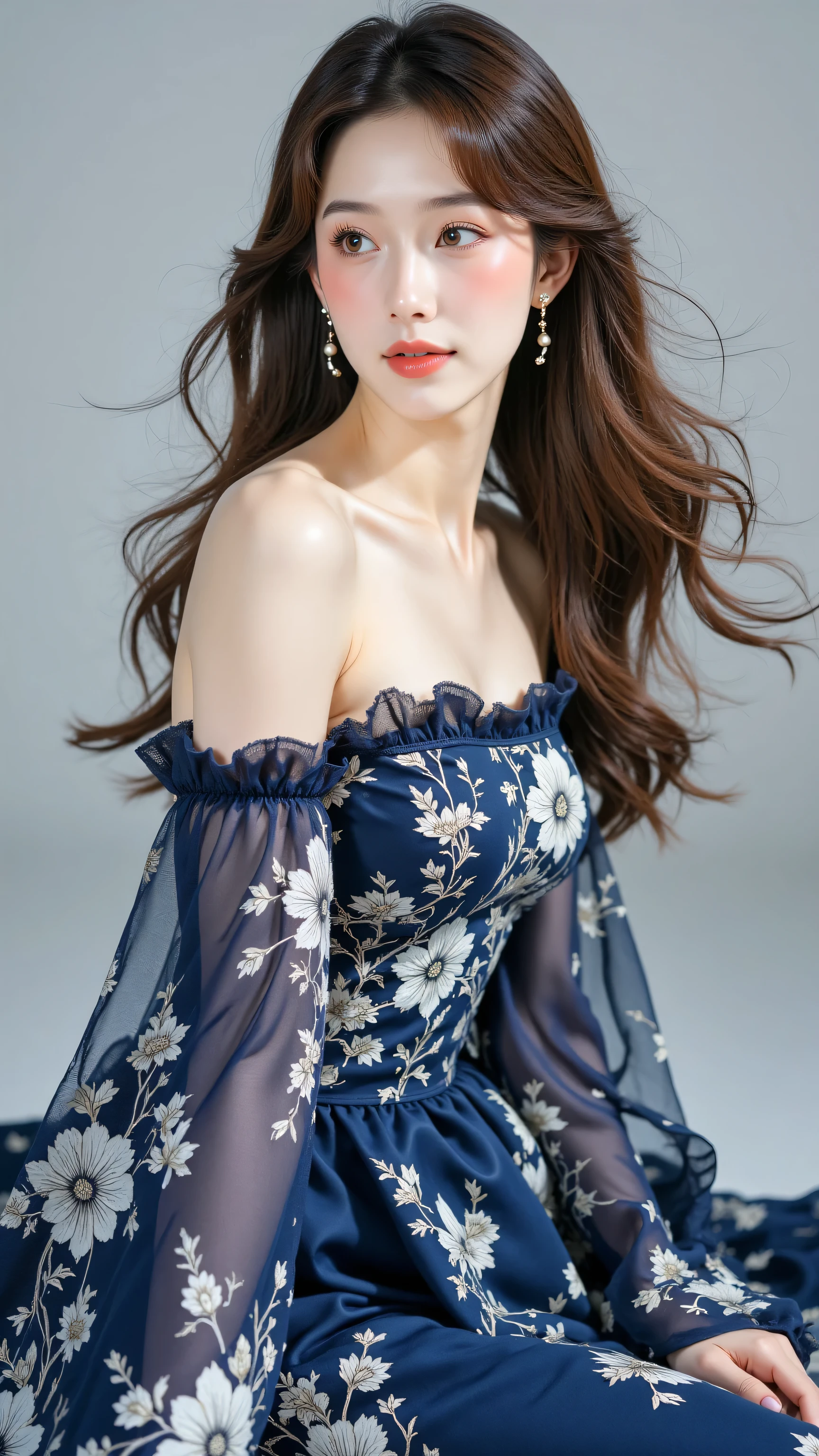 8k, masterpiece, highest quality, Korea's Beautiful Women, Medium shot, eye-level viewpoint, woman, long wavy brown hair, fair skin, light eyes, wearing a flowing, dark blue gown with intricate white floral patterns and wide sleeves, looking slightly to the side with a serene expression, soft, diffused lighting, light grey background.