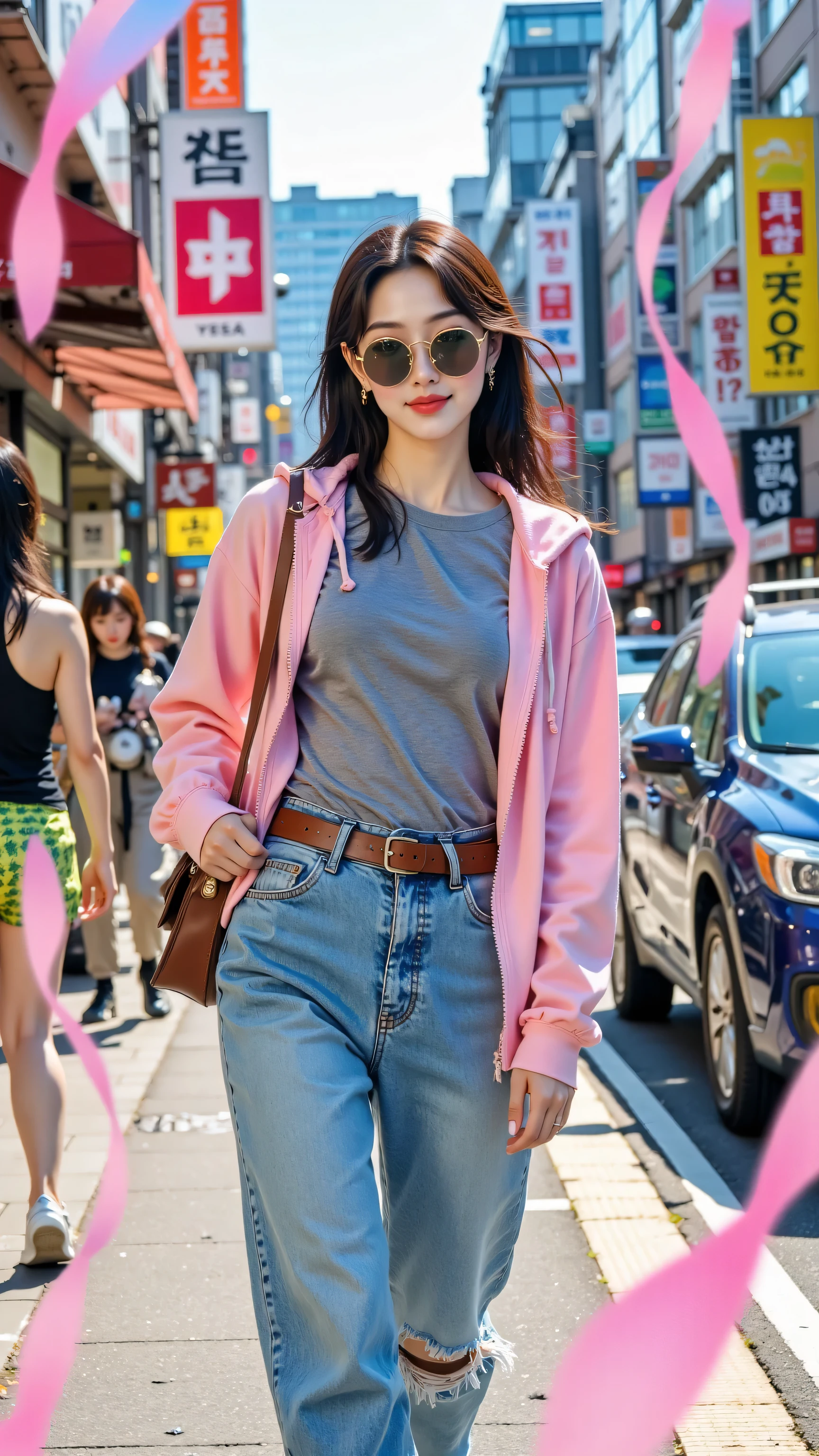 8k, masterpiece, highest quality, Korea's Beautiful Women, Full shot, slightly low angle viewpoint, long dark hair with sunglasses, wearing a pink hoodie, grey t-shirt, blue jeans with a brown belt, and brown shoes, carrying a brown purse, walking towards the camera down a city street in korea with colorful signs, cars, and other pedestrians, stylized with flowing pink and blue artistic elements, daytime, bright sunlight.