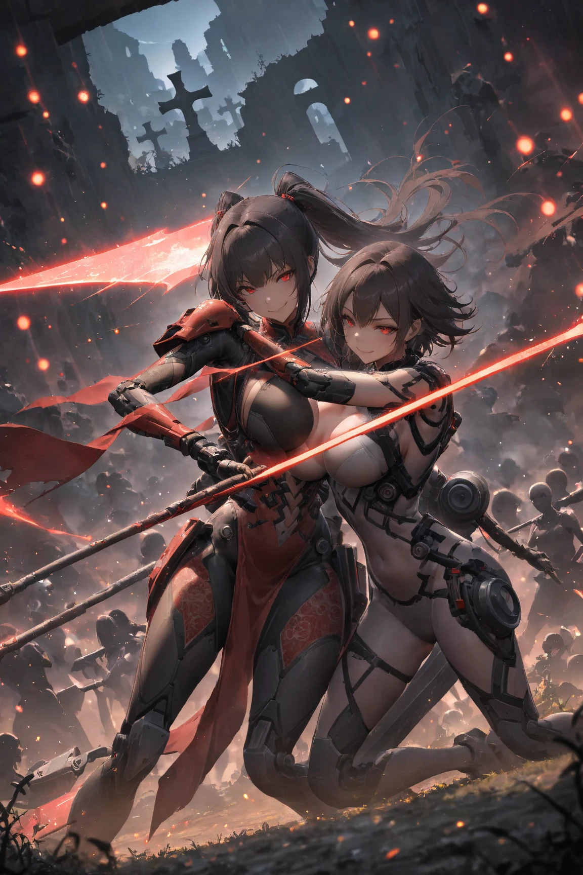 8k,Barren Land,女性adventure者の衣装,Traveling through the dusty wilderness,Light brown short hair,so beautifulな日本の女性, Red and black large chest armor,so beautiful(Like the real thing),Stainless steel and black shoulder armor for the left shoulder,red and black combat pants,sexy,DeviantArt Artstation CGScosiety, 3DレンダリングCharacter Art8 K, Alena Aenami and Artgerm, Wojtek Fass, Artstation 8k Trends, Art Station HD Trending, Ultra-realistic rendering of adventure, Perfect body with realistic shading, Photorealistic perfect body, Ultra-high resolution,high quality,sexy,Brown short hair,Strongly defined abdominal muscles,Muscular and slim body,Muscular and lean lower body,close,masterpiece,最high qualityのフォトリアリスティックなRAW写真。Bright colors,Rich colors, Backlight, Cinema Lighting, Film Grain, to be born, 50mm lens, Nikon D850,Realistic Skin,Fantasy art,Character Art,Sharp Eyes,adventure,He has a long and big Japanese sword.,brown combat jacket,red and black gauntlets,Battle Scenes,Dynamic pose,Action pose,shout,big breasts