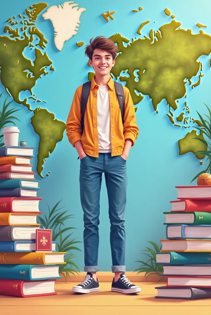 A scene showing a young boy sitting in a library filled with thick books and world globes. His face looked enthusiastic and full of curiosity, while around him there was a wide map of the world spread out on the wall. The soft light from the window gives the room a peaceful and reflective feel. The is studying the advantages of the world, with his enthusiastic eyes showing his determination to understand the complexity and diversity of this planet