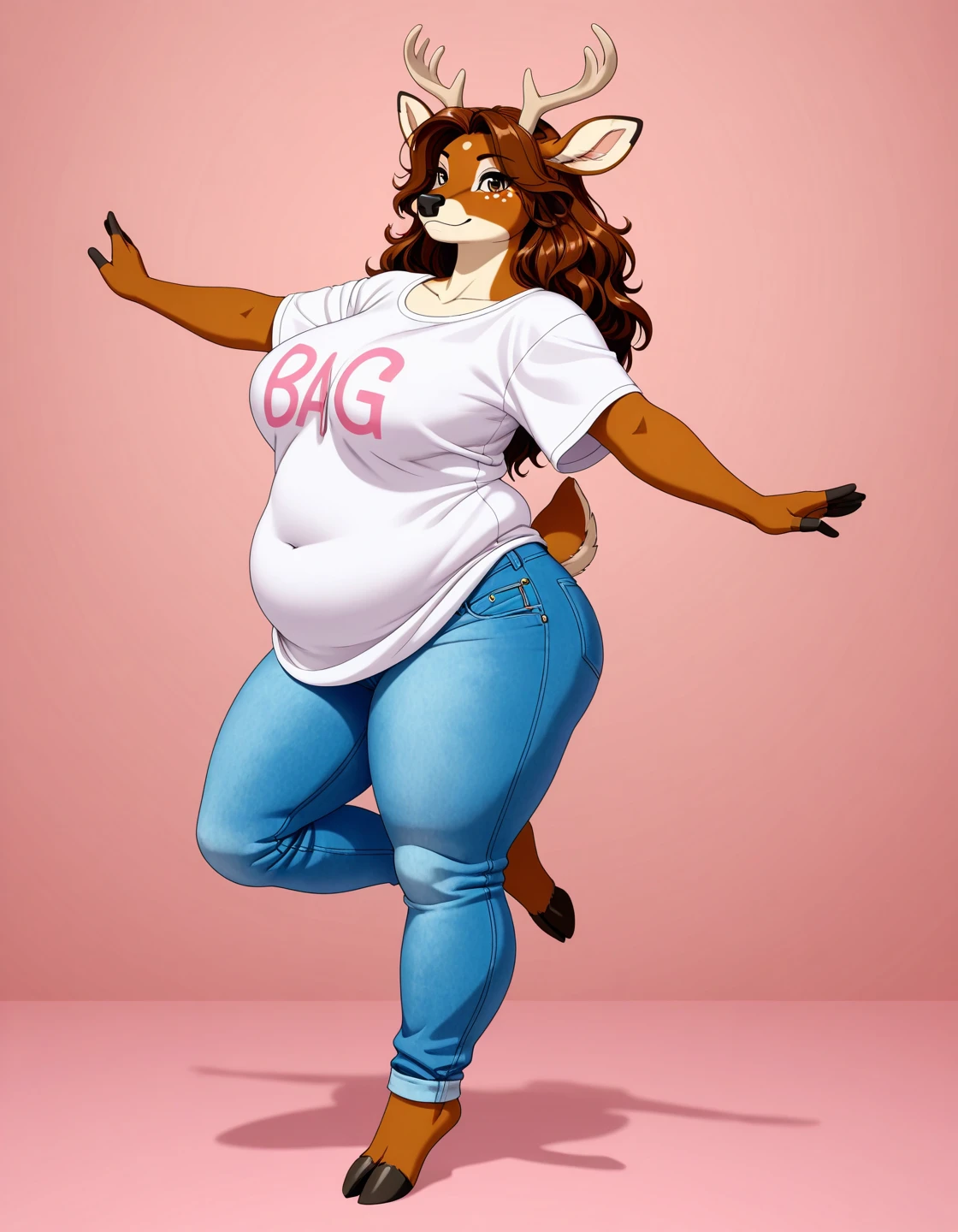 female, furry, solo, full body, deer, (baggy shirt), (jeans), (chubby), simple background, highly detailed, high resolution, detailed background, detailed hair, masterpiece, good , dynamic pose, foreshortening