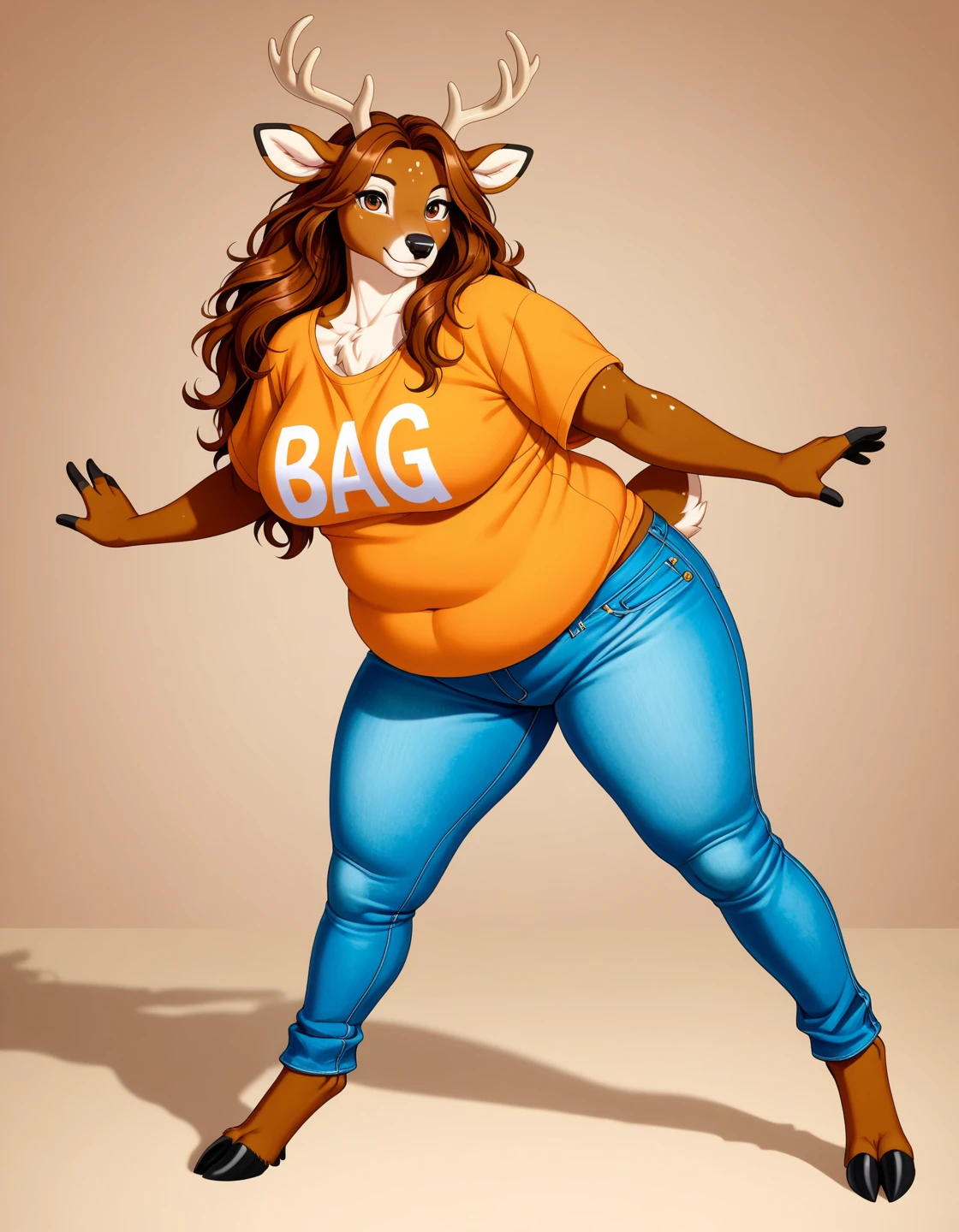 Hyena, female, long hair, morbidly obese, lightly clothed, coloured nails 