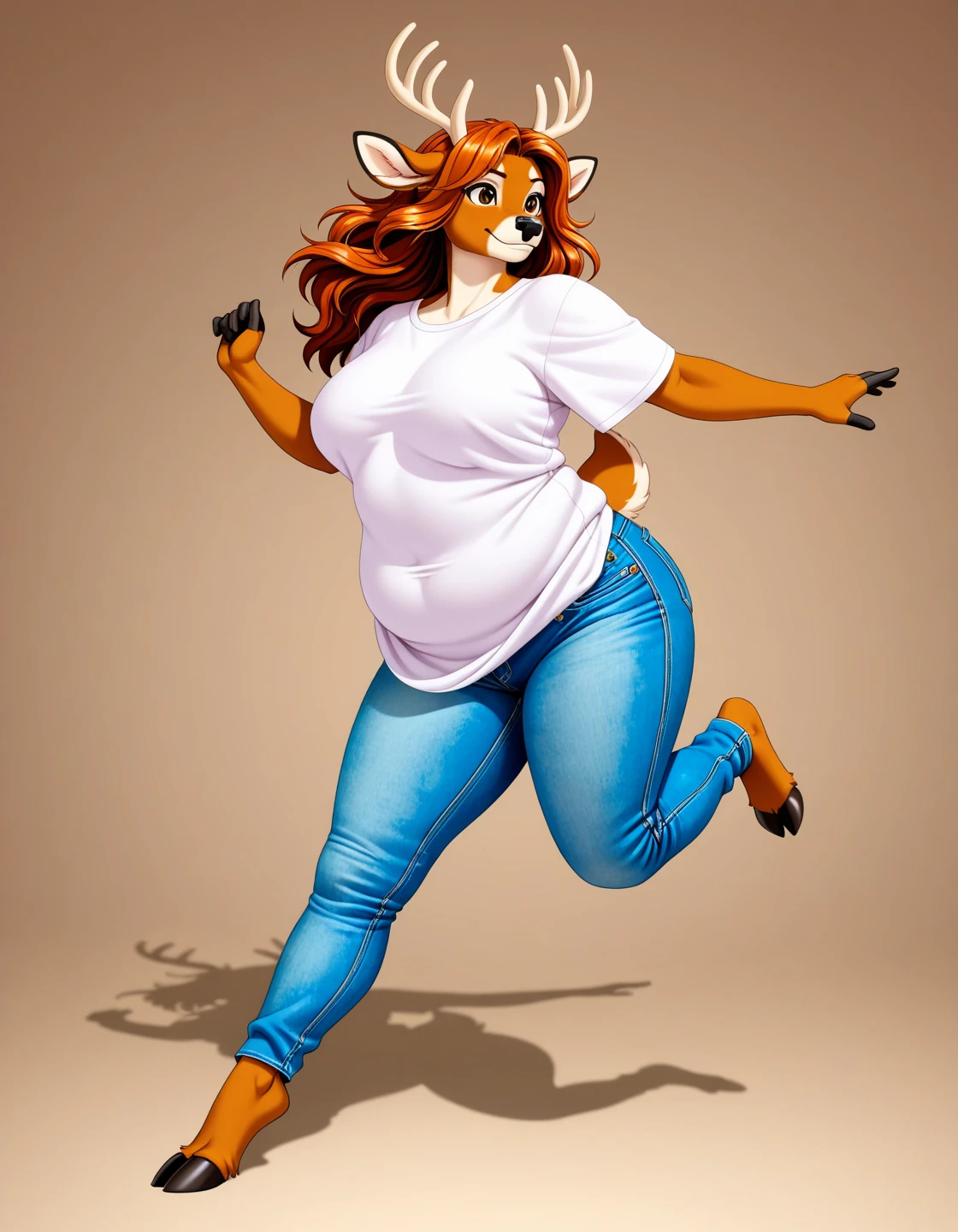 female, furry, solo, full body, deer, (baggy shirt), (jeans), (chubby), simple background, highly detailed, high resolution, detailed background, detailed hair, masterpiece, good , dynamic pose, foreshortening