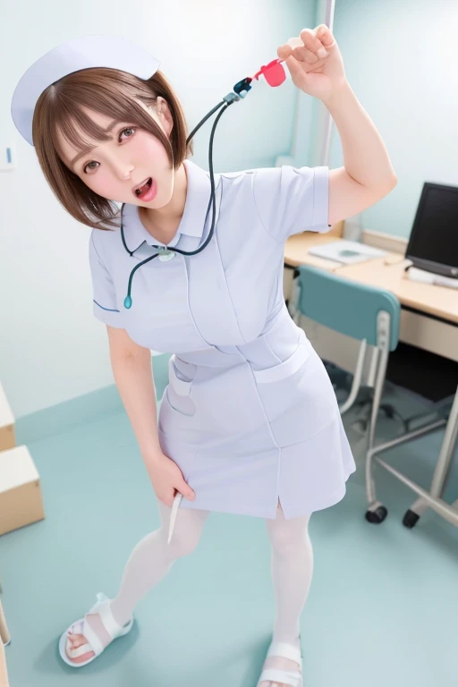 Beautiful young woman, Anime Style, Detailed face, Redhead, Wet Hair, Big eyes, pinkの目, Delicate features,One Girl, alone, nurse, pink, ((White legwear, zettai ryouiki)), White gloves, Very short hair, Orange Hair, ((White surgical mask, Covered Nose)),Lying in bed, ((Hospital room)), Sharp contours, Short sleeve, Tomboy, boyish, Highest quality, masterpiece、No hat、erotic、sexy、Masturbation、pants、pinkローター、barefoot、Thighs、Put a pillow between your legs、A pleasant looking face、Embarrassed face、Hospital roomのベッド