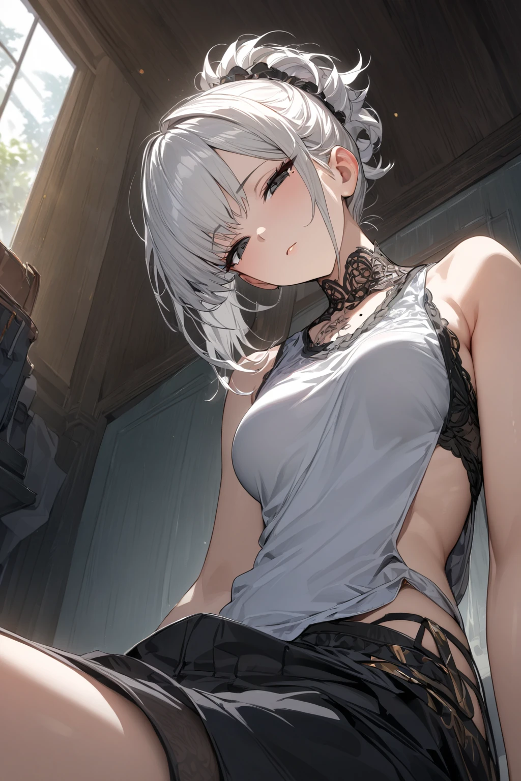 (Highest quality, High resolution, Very detailed), Silver Hair, Super short hair, Reddish brown eyes, black maxi dress, lace thong, Large Breasts, necklace, 24th generation, Beautiful woman, mature, quiet, Calm, A small smile, ruins,