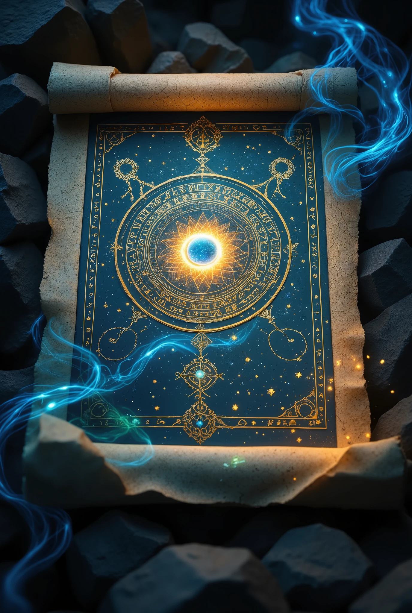 A magical scroll, rendered in the style of illuminated manuscripts, intricately detailed with glowing runes and elaborate patterns. The scroll, crafted from aged parchment with a subtly textured surface, is depicted in a high-angle, close-up shot. Runes, resembling ancient Norse characters, radiate a soft, ethereal glow in shades of sapphire, emerald, and amber, interwoven with delicate floral motifs and celestial symbols. The patterns display a mesmerizing interplay of light and shadow, casting subtle highlights on the raised details. The parchment’s texture is palpable, showing subtle wrinkles and creases suggesting age and wear. The background is a deep, velvety indigo, enhancing the luminosity of the runes and patterns. The overall color palette is rich and saturated, evoking a sense of mystery and ancient power. The lighting is soft and diffused, creating a mystical atmosphere reminiscent of a dimly lit library in a forgotten castle. The image style blends elements of fantasy art and illuminated manuscript aesthetics, emphasizing detail and creating a sense of wonder and enchantment. The composition focuses on the intricate detail of the scroll, drawing the viewer's eye to the glowing patterns. The mood is one of serene magic and quiet power, suggesting hidden knowledge and untold stories. The scroll's central location emphasizes its importance and mysterious allure.