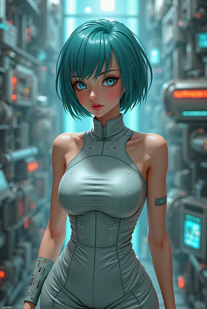 A beautiful anime girl with short blue hair in a pixie cut, dark green eyes, and large breasts wearing a skintight pilot suit, (best quality,4k,8k,highres,masterpiece:1.2),ultra-detailed,(realistic,photorealistic,photo-realistic:1.37),hyperrealistic, detailed face, detailed eyes, detailed lips, highly detailed, extremely detailed, intricate details, cinematic lighting, vibrant colors, dynamic pose, scifi, mecha, futuristic, concept art