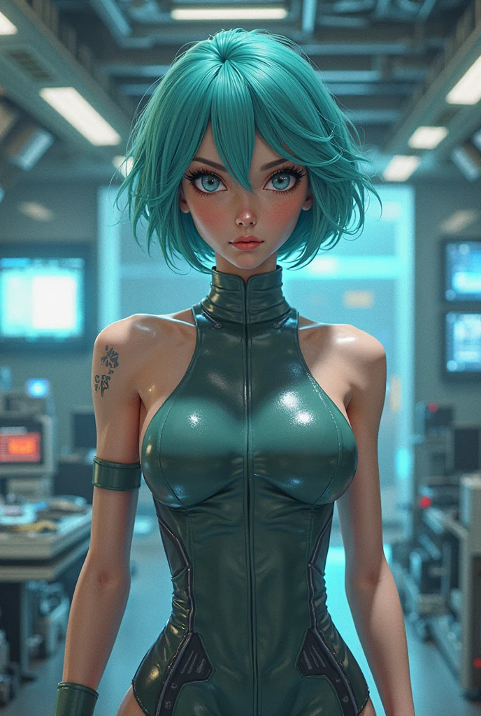 Beautiful female policeman catch a pervert , green short hair, blue eyes,Conceptual art, best photo shot, glowing light, realistic, UHD, textured skin, masterpiece, anatomically correct, best quality, 8k, full body,