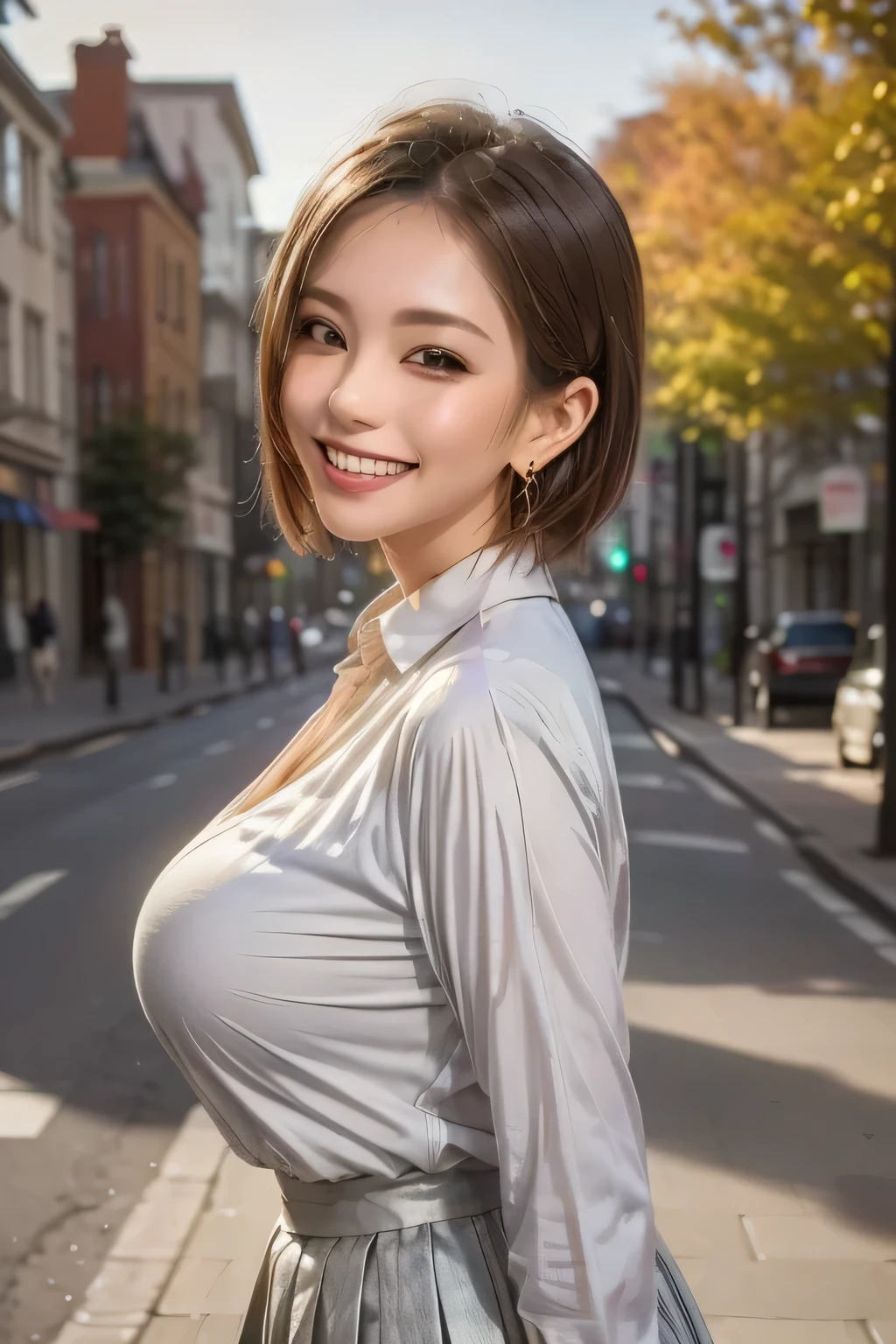 (top quality, masterpiece, formal, key light: The front is at a 45 degree angle, Auxiliary Light, backlight), accurate human body, Knowledgeable person, (Shining skin, Realistic skin texture, beautiful skin details, growing skin), (1girl), (Completely:1.2), grin, (shiny collared shirt: 1.2), Shine, (earrings), necklace,  charming and perfect ratio,  charming smile, fine surface texture, charming, short hair, wear a gray pleated skirt, Big Breasts, ((background: wide street))