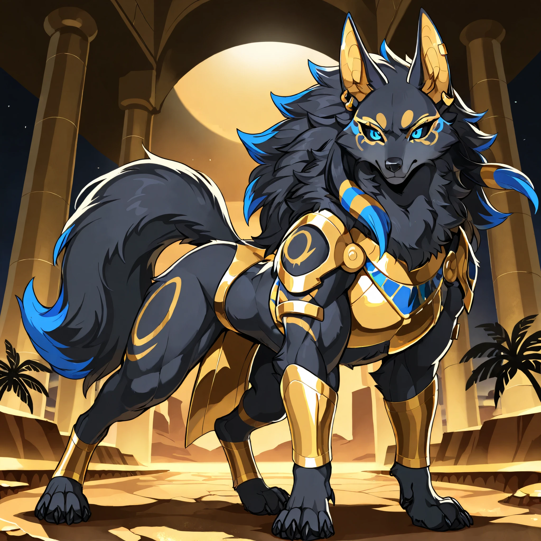 Anime style, masterpiece, best quality, full body picture, centered, three-quarters view, (feral), ((large, tall, strong, monsterous, muscular build, intimidating wolf)), (jackal ears), black fur, (long black hair with blue highlights), blue eyes, perfect eyes, black sclera, gold eye markings, (wearing golden armor, Egyptian armor), (oasis background, at night), flat chest, (dynamic pose), bare shoulders