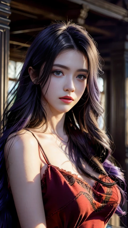 best quality, masterpiece, high_res, 1girl, hair ornament, necklace, jewelry, Beautiful face, tyndall effect, photo realistic, rim lighting, two tone lighting, (high detailed skin:1.2), 8k uhd, dslr, soft lighting, high quality, volumetric lighting, candid, Photograph, high resolution, 4k, 8k, Bokeh, medium breasts, lingerie pijamas, nipple, absurdres, shirt, long wavy hair, hair on shoulder, short fang, dark red purple hair color