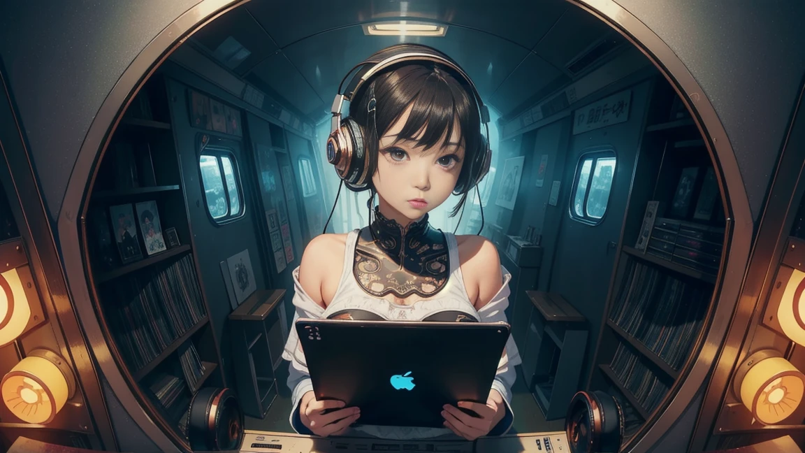 masterpiece、high resolution 8k、NSFW、sharp focus ,anime girl,wearing headphone, in a library with a book shelf full of books, librarian, kantai collection style, background = library, library background, in a library, the librarian, visual novel cg, dusty library, kawacy, ; visual novel, young anime girl, lofi girl, visual novel, infinite library, girl in a record store,