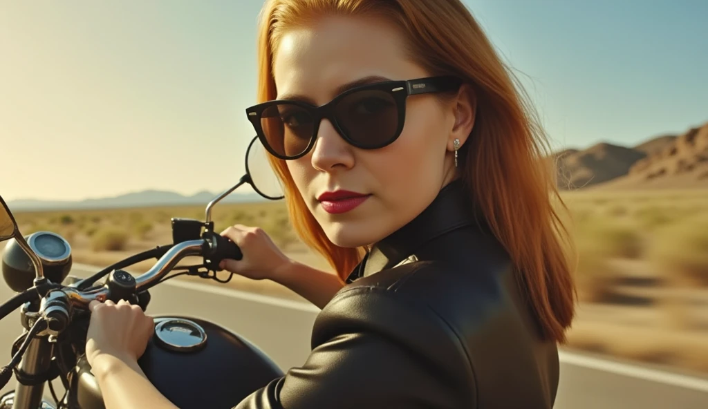 (masterpiece, best quality:1.2), (detailed, hyper-detailed, 8K HD, ultra-realistic:1.3), a woman riding alone through vast wilderness, the camera tracking her from a drone's perspective as she speeds along a vast desert or coastal road on either a motorcycle or in a car. Her hair, slightly longer than shoulder-length, flows beautifully in the wind, adding dynamic movement to the scene. She is dressed in a sleek, black leather jacket paired with black skinny jeans, exuding a blend of femininity and strength. She wears simple sunglasses and a leather bracelet, enhancing her cool, effortless style. The vast landscape around her is stunningly captured, with sharp details in the environment and the woman herself.

