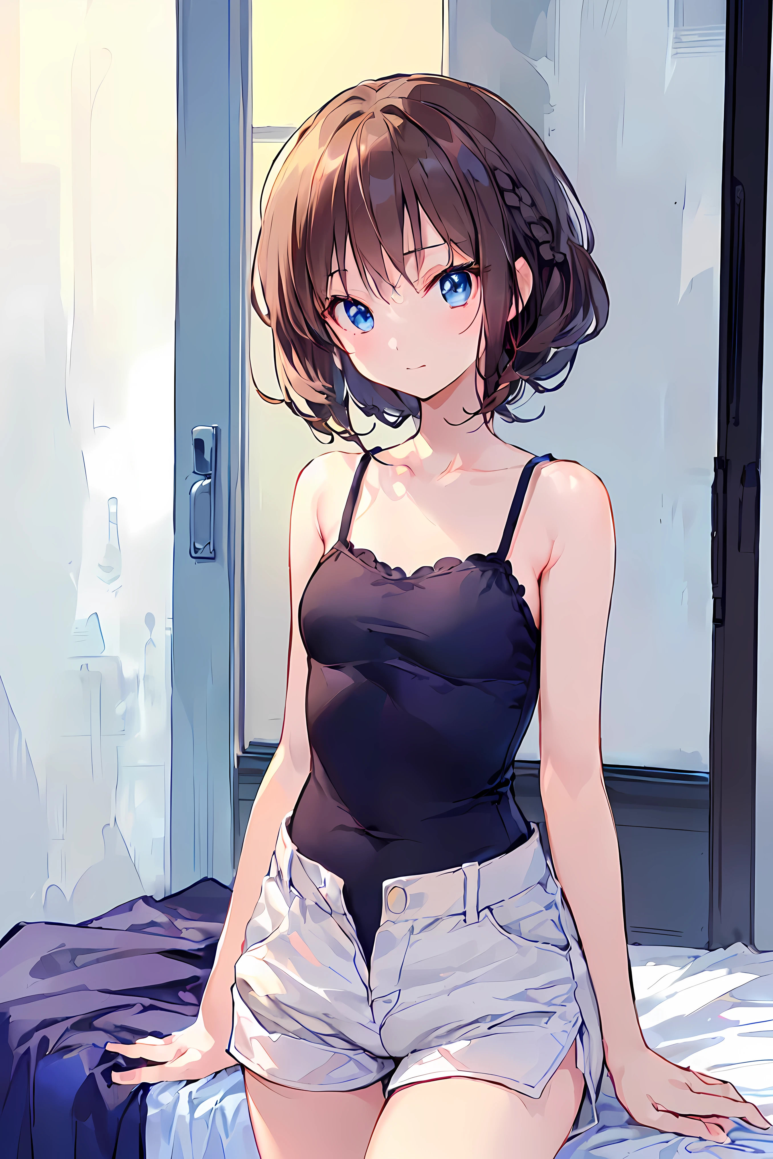 absurd,(masterpiece、 best quality、8k ), intricate details, very well detailed、cute girl、((movie:1.4)), embarrassing 、( flat chest、bulge:2.2( brown hair、( white camisole , white shorts、 White Knee High Socks :1.3), on bed、 super real,perfect anatomy,brown hair, shortcuts , disheveled hair, short braided hair, Neat , Slender and beautiful, correct posture,small breasts, beautiful legs, their charming gray-blue eyes shining like stars,dull eyes, bright color, Beautiful Eyes,A delicate smile,textured skin, best quality best , parody of a gentle and beautiful woman , anime style、