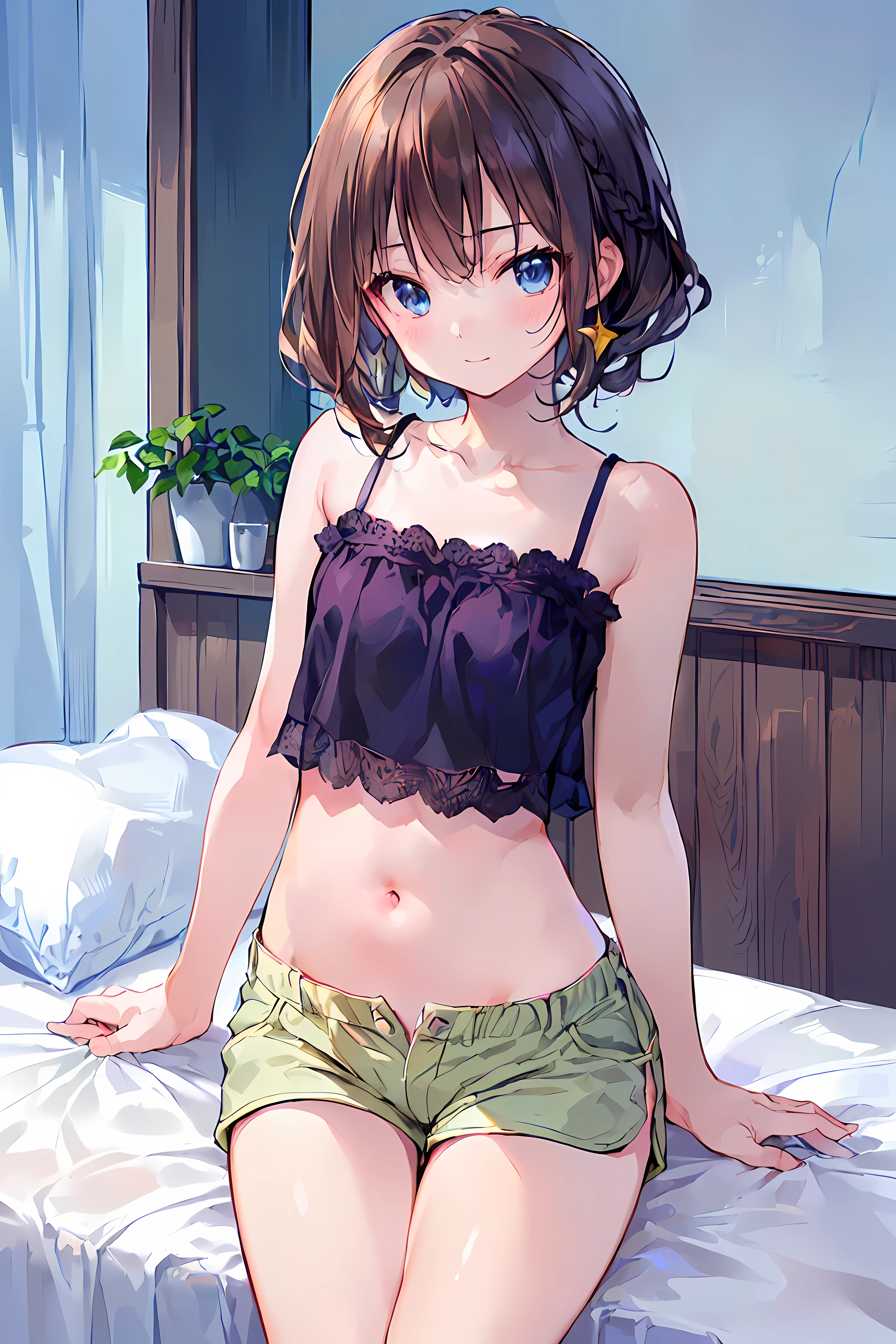  absurd,(masterpiece、 best quality、8k ), intricate details, very well detailed、cute girl、((movie:1.4)), embarrassing 、( flat chest、bulge:2.2( brown hair、(  white camisole , white shorts、 White Knee High Socks :1.3), on bed、 super real,perfect anatomy，brown hair， shortcuts ， disheveled hair， short braided hair， Neat ， Slender and beautiful， correct posture，small breasts， beautiful legs，  their charming gray-blue eyes shining like stars，dull eyes， bright color, Beautiful Eyes,A delicate smile,textured skin, best quality best ,  parody of a gentle and beautiful woman , anime style､