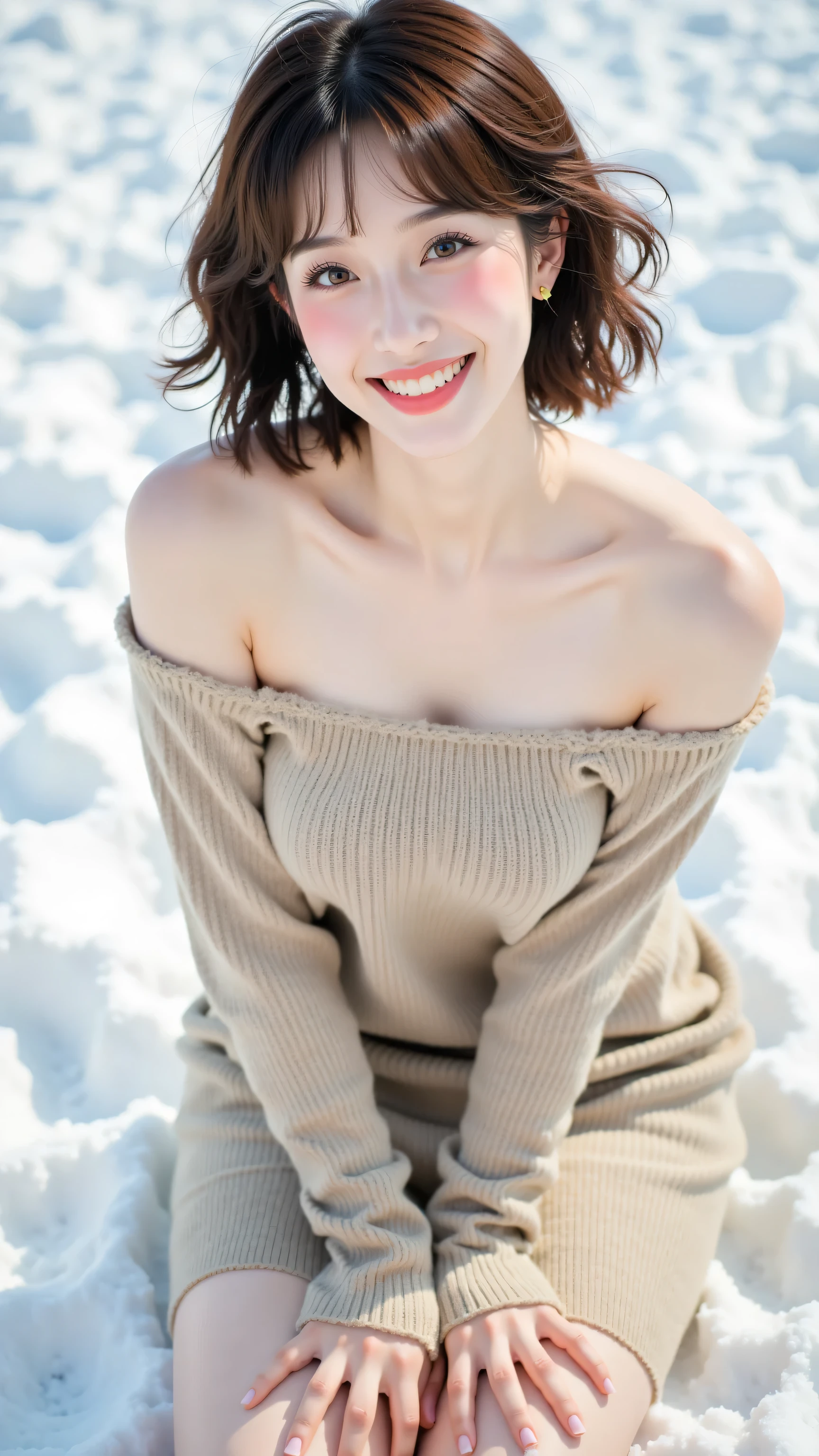 8k, masterpiece, highest quality, Korea's Beautiful Women, Medium shot, slightly high angle viewpoint, woman, short brown wavy hair, fair skin, dark eyes, bright smile, wearing a beige off-the-shoulder knit sweater dress, kneeling on a snowy surface, looking directly at the camera, soft daylight. Based on the facial features,
