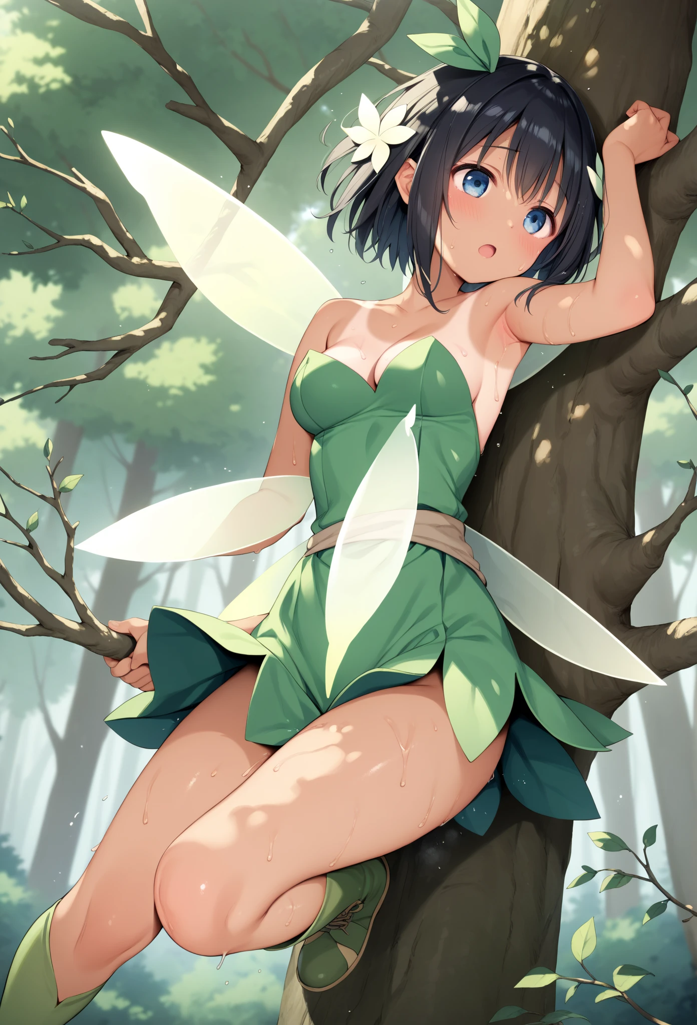 ((African American  girl)), (black kinky  hair), (Tinkerbell Waifu:1), smile,  cute, looking at the viewer, thick thighs, single bun, short hair, (strapless green dress:1), (fairy wingocus on breasts:1.2), (realistic: 1.2), (realism), (masterpiece: 1.2), (best quality), (ultra-detailed), (8k, 4k, complex),(full body photo: 1),(cowboy photo:1.2), (85mm), light particles, lighting, (highly detailed:1.2), (detailed face:1.2), (gradients), sfw, colorful,(detailed eyes:1.2), (detailed landscape, inside a glass jar:1.2),(detailed background), detailed landscape, (dynamic angle:1.2), (dynamic posture:1.2), (rule of terceira_compositing:1.3), (line of action:1.2), general plan, daylight, soil, no panties, huge breasts